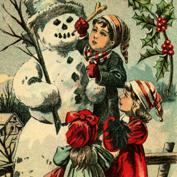 Free vintage clip art Victorian children building snowman Christmas postcard image