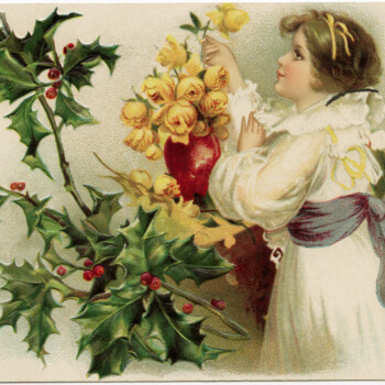 vintage christmas postcard, merry xmas greeting, girl admiring roses, holly and berries clipart, old fashioned holiday card