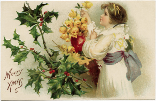 vintage christmas postcard, merry xmas greeting, girl admiring roses, holly and berries clipart, old fashioned holiday card