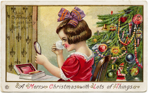 vintage christmas postcard, girl applying makeup, stecher postcard, antique christmas graphic, old fashioned holiday clipart