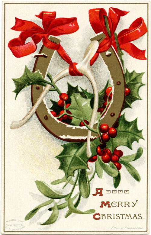 Ellen Clapsaddle, vintage christmas postcard, antique horseshoe card, wishbone holly berries image, printable christmas graphic
