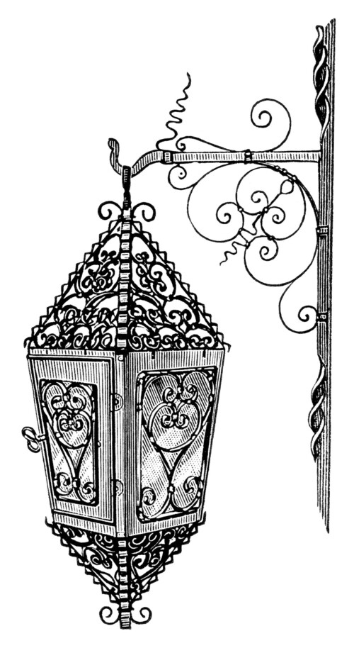 vintage lamp clip art, black and white clipart, victorian lighting image, old fashioned wrought iron light, antique hanging lamp illustration