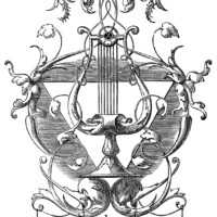 harp ornament,black and white clip art,vintage harp clipart,ornate engraving,swirly antique design