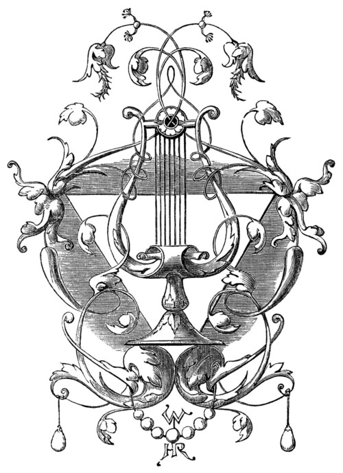harp ornament,black and white clip art,vintage harp clipart,ornate engraving,swirly antique design