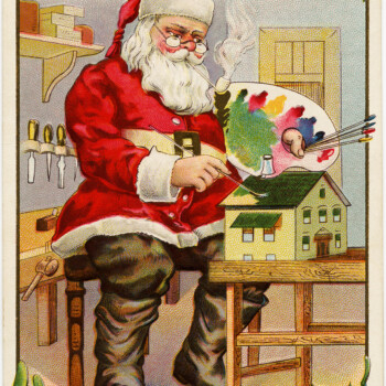 vintage christmas postcard, santa painting doll house, santa claus workshop, paint palette st nicholas, antique holiday card