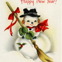 vintage snowman clipart, old fashioned new year card, vintage winter graphic, snowman straw broom