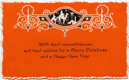 vintage christmas card, orange christmas graphic, old fashioned holiday image, antique greeting card