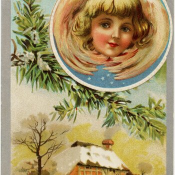 vintage Christmas postcard, printable holiday graphic, antique angel card, old fashioned xmas image, angel winter scene illustration