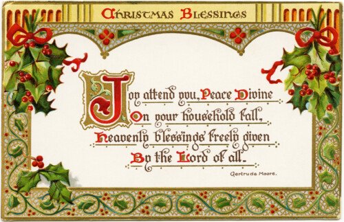 vintage christmas postcard, christian christmas image, religious Christmas message, holly berries clipart, old fashioned printable card