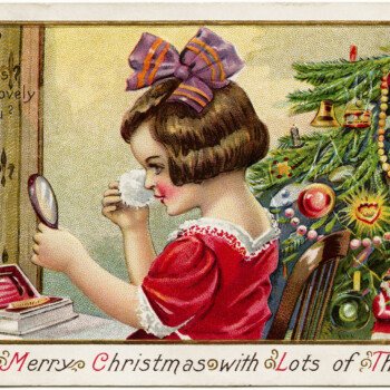 vintage christmas postcard, girl applying makeup, stecher postcard, antique christmas graphic, old fashioned holiday clipart