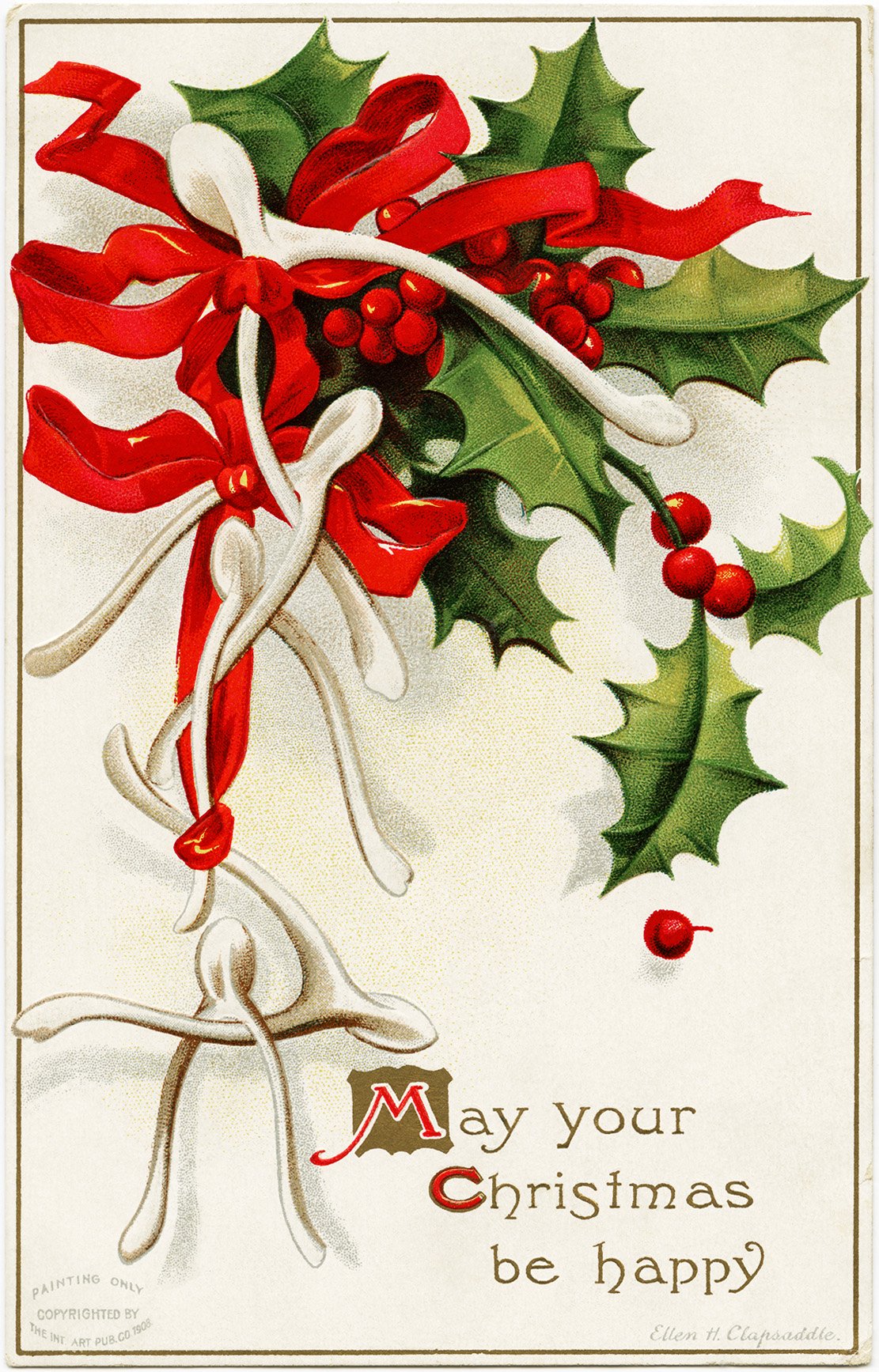 ellen clapsaddle, vintage christmas postcard, wish bones bows card, old fashioned holiday graphic, holly berries image