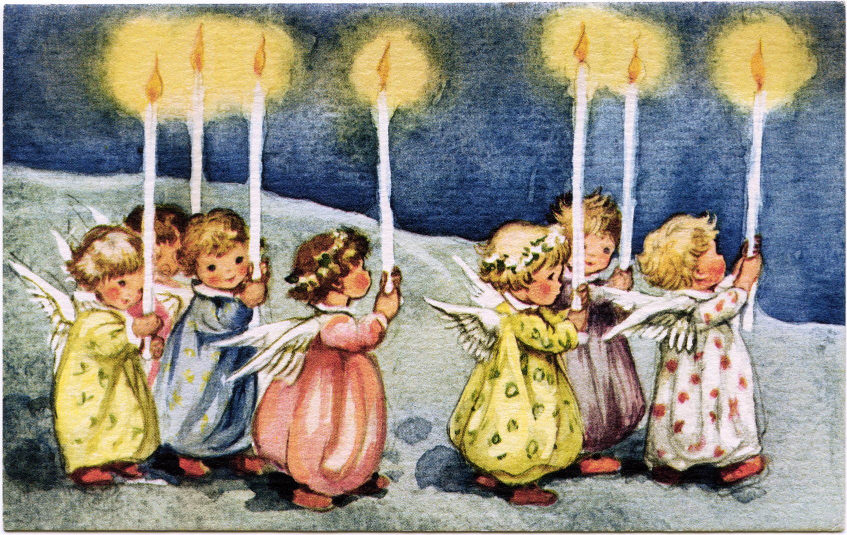 vintage angel clipart, little angels with candles, old fashioned Christmas graphic, printable holiday art, antique christmas card