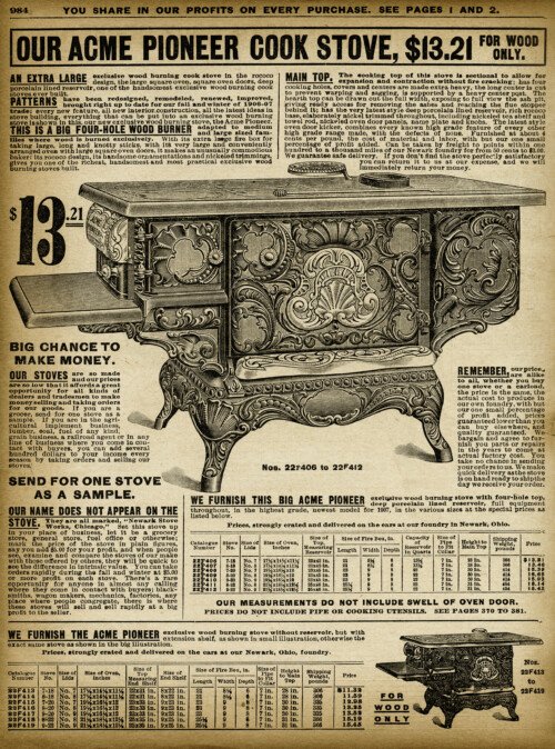 vintage stove clipart, black and white clip art, sears roebuck catalogue page, aged paper ephemera, antique kitchen image