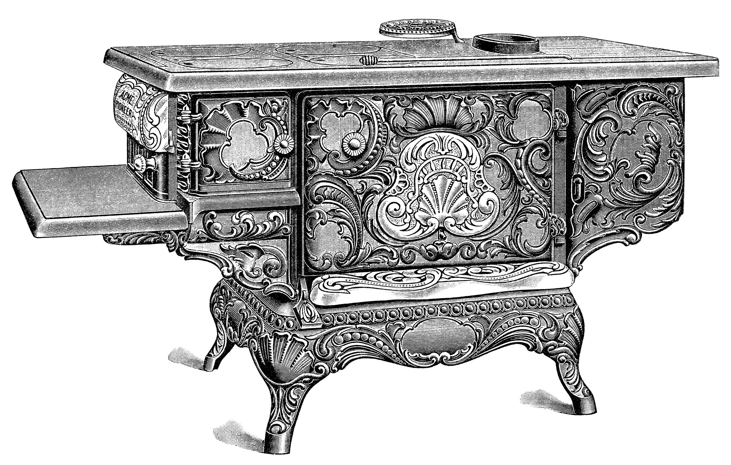 vintage stove clipart, black and white clip art, sears roebuck catalogue page, aged paper ephemera, antique kitchen image