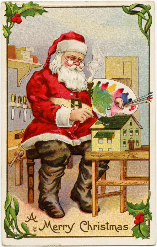 vintage christmas postcard, santa painting doll house, santa claus workshop, paint palette st nicholas, antique holiday card