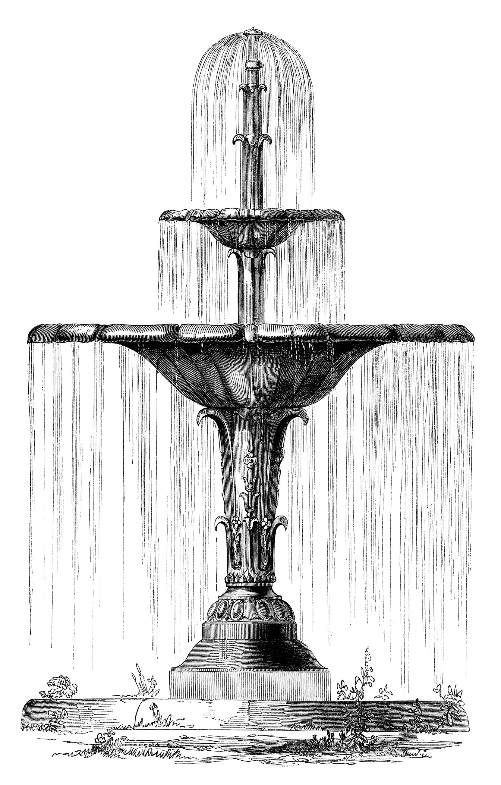 water fountain, vintage engraving, garden clip art, black and white clipart, Victorian fountain image