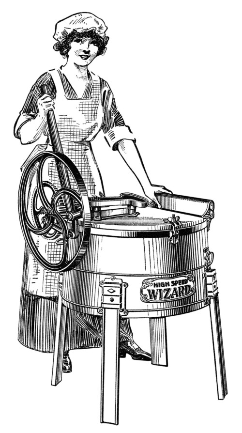 antique washing machine, vintage clothes washer, old fashioned laundry, vintage clipart housework, black and white clip art,