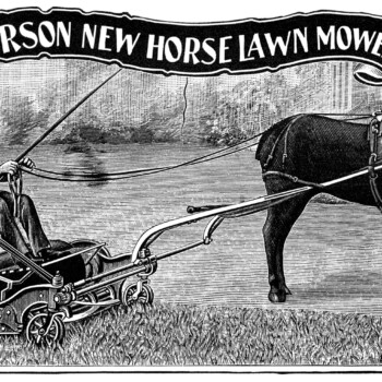 horse lawn mower, vintage clip art, garden printable, old fashioned lawn care, antique catalogue ad, black and white clip art