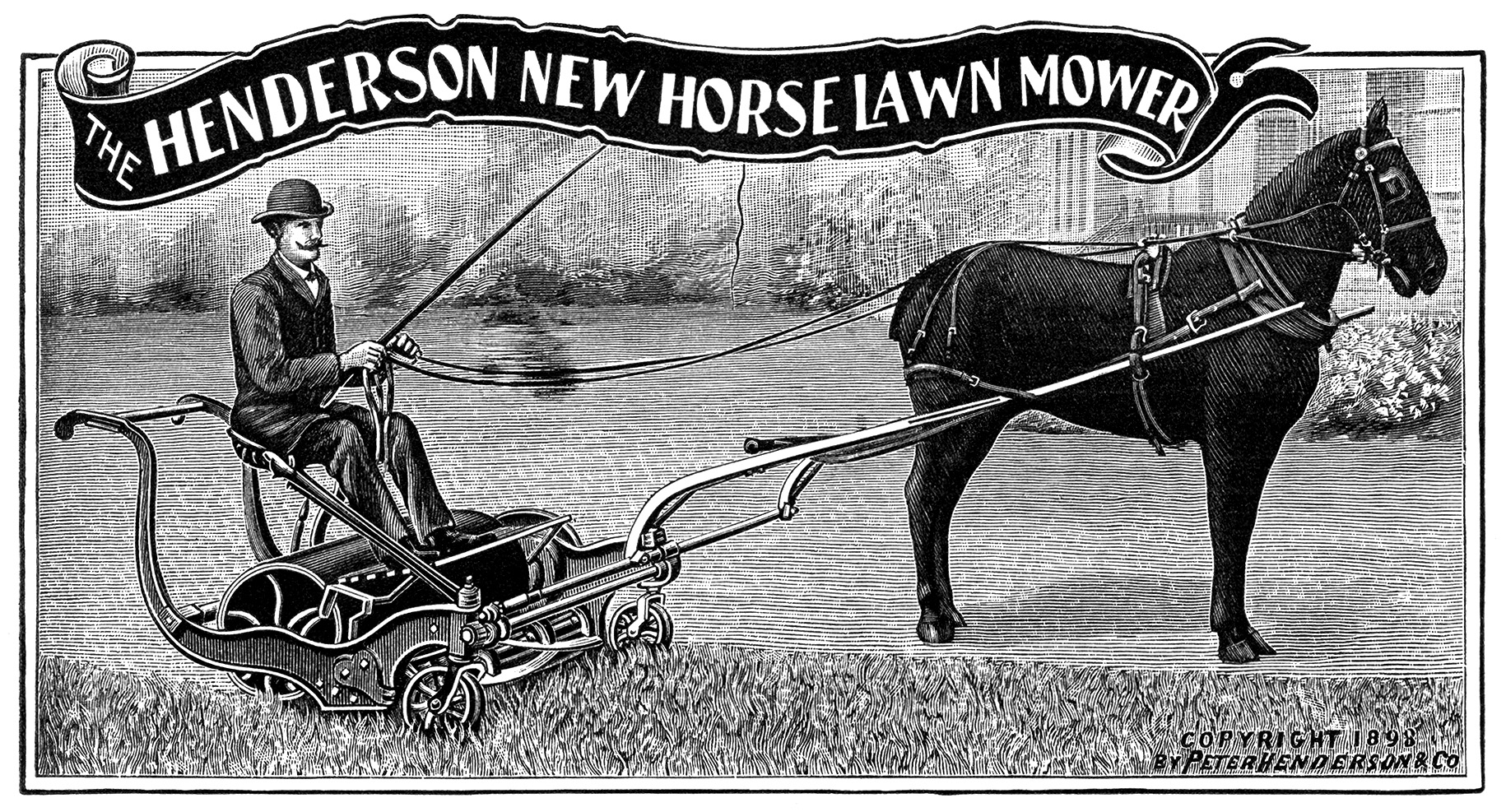 horse lawn mower, vintage clip art, garden printable, old fashioned lawn care, antique catalogue ad, black and white clip art