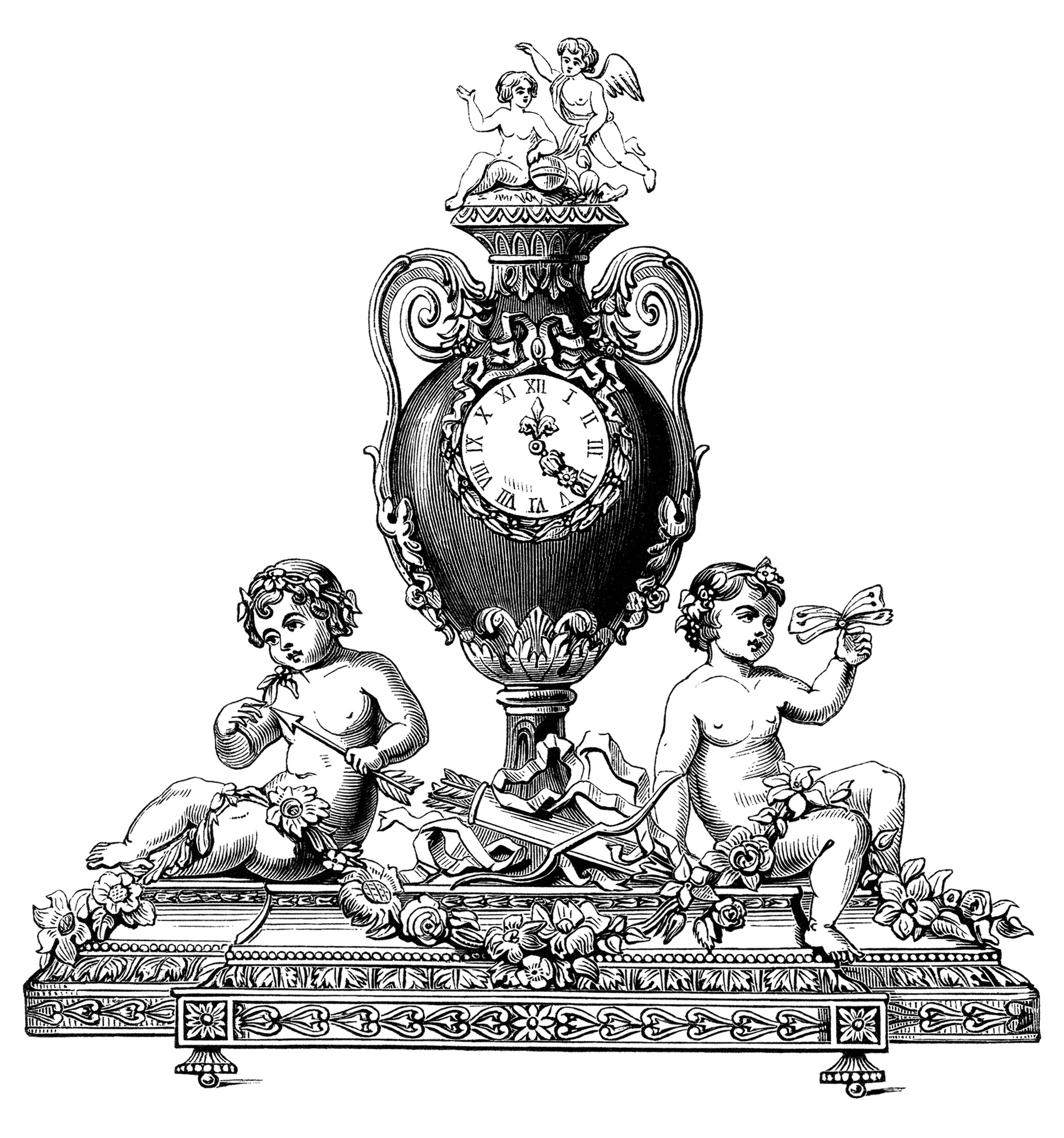 black and white clipart, old fashioned clock, vintage clock clip art, cherub clock, antique ornate clock