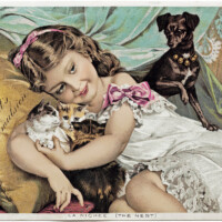 victorian trading card, the little pets, vintage advertising card, girl kittens dog, scott's emulsion, old fashioned medicine ad