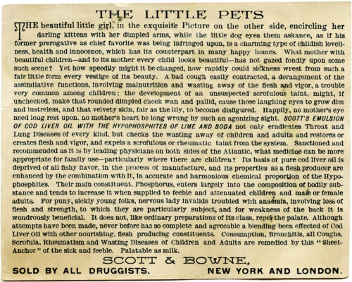 victorian trading card, the little pets, vintage advertising card, girl kittens dog, scott's emulsion, old fashioned medicine ad
