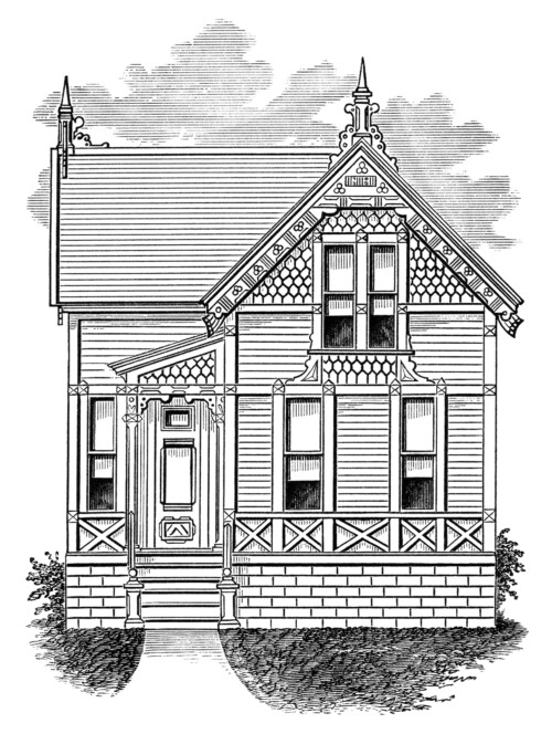 victorian cottage image, black and white clip art, vintage home clipart, antique house illustration, small house graphic