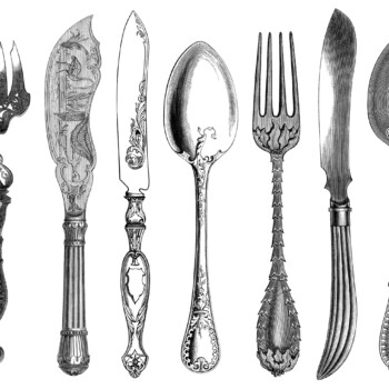 black and white clip art, kitchen printable, fork knife spoon clipart, antique cutlery engraving, vintage kitchen graphic