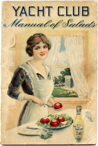 vintage food image, old cookbook cover, manual of salads, yacht club image, vintage kitchen printable, woman preparing food clipart