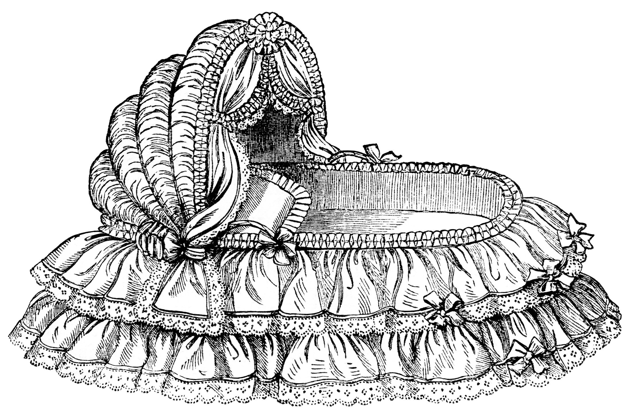 vintage baby, victorian baby clip art, black and white clipart, antique bassinet, newborn baby bed image