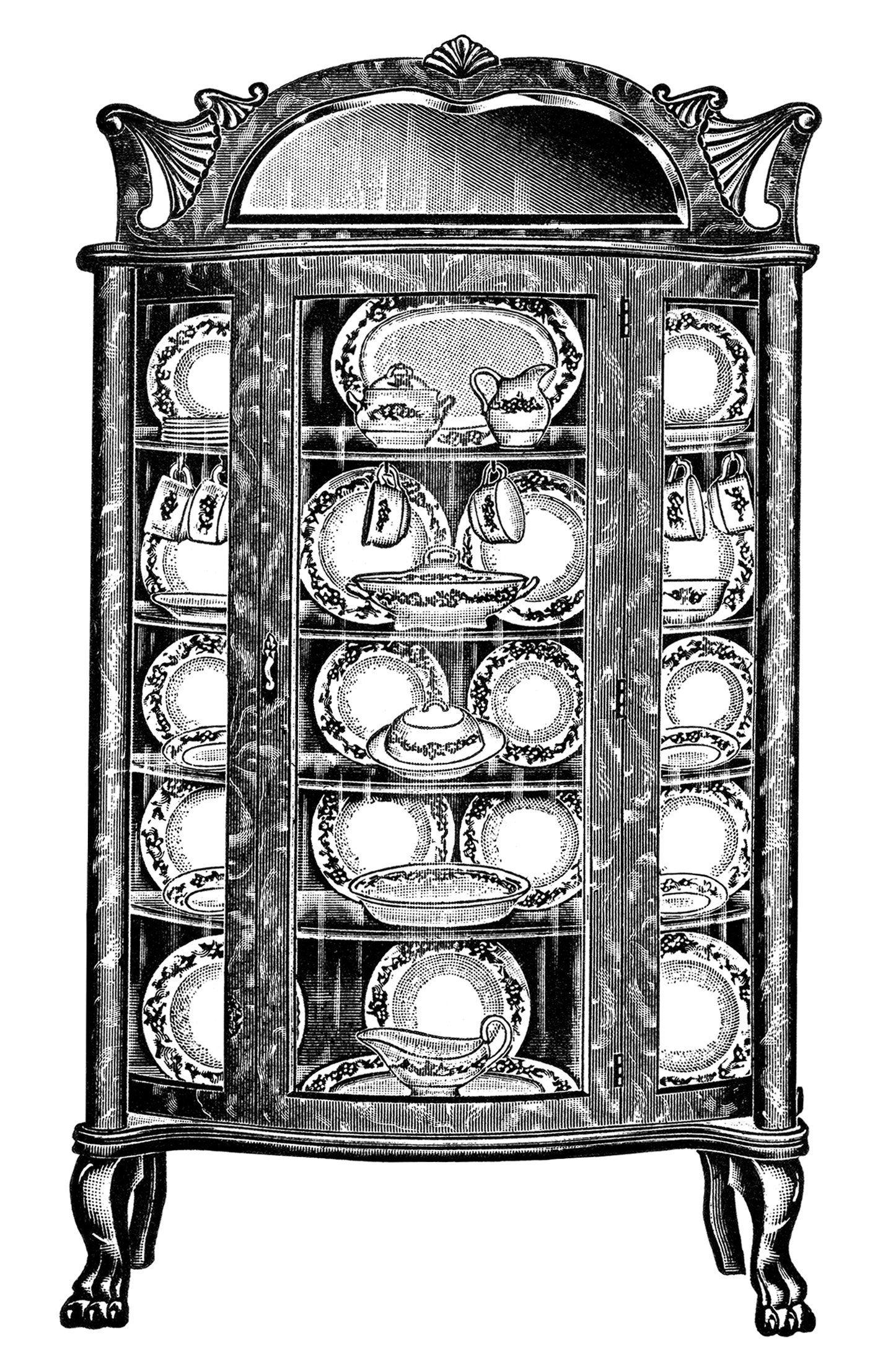 vintage kitchen clipart, black and white clip art, antique furniture image, printable kitchen graphics, old catalog page, antique china cabinet