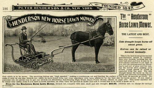 horse lawn mower, vintage clip art, garden printable, old fashioned lawn care, antique catalogue ad, black and white clip art