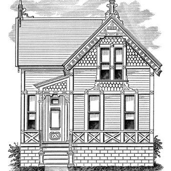 victorian cottage image, black and white clip art, vintage home clipart, antique house illustration, small house graphic