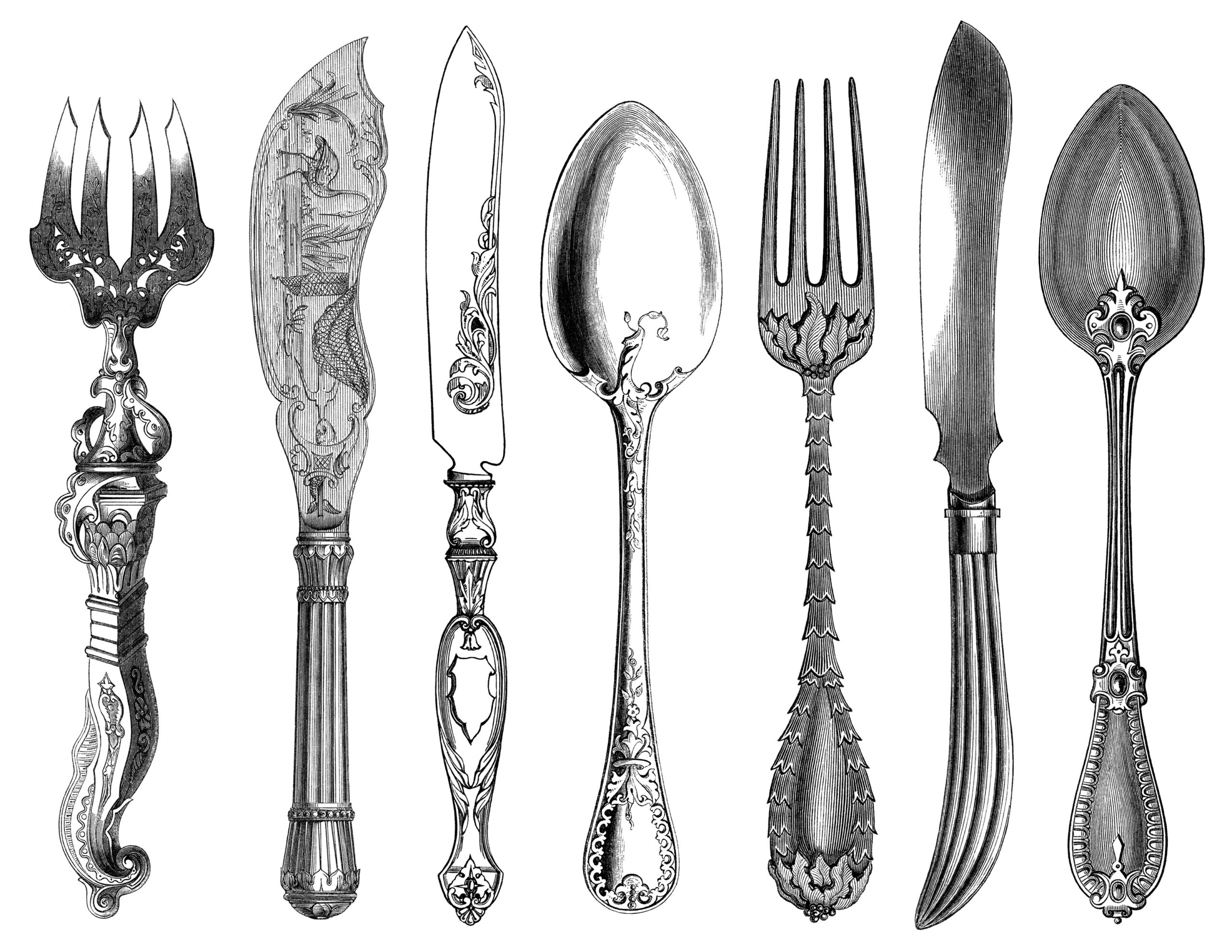 black and white clip art, kitchen printable, fork knife spoon clipart, antique cutlery engraving, vintage kitchen graphic