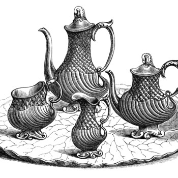 victorian tea set, vintage kitchen clip art, black and white clipart, antique coffee tea service, old fashioned tea party