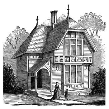 antique house illustration, black and white clipart, Victorian house image, vintage home clip art, old fashioned cottage