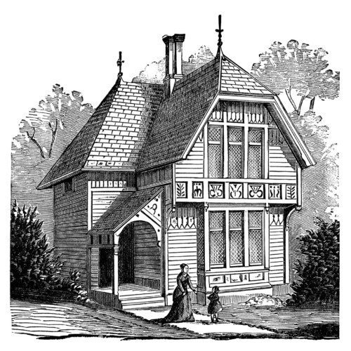 antique house illustration, black and white clipart, Victorian house image, vintage home clip art, old fashioned cottage
