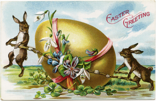 vintage Easter postcard, bunny rabbit egg card, old fashioned Easter image, bunnies push decorated egg, Easter rabbit clipart