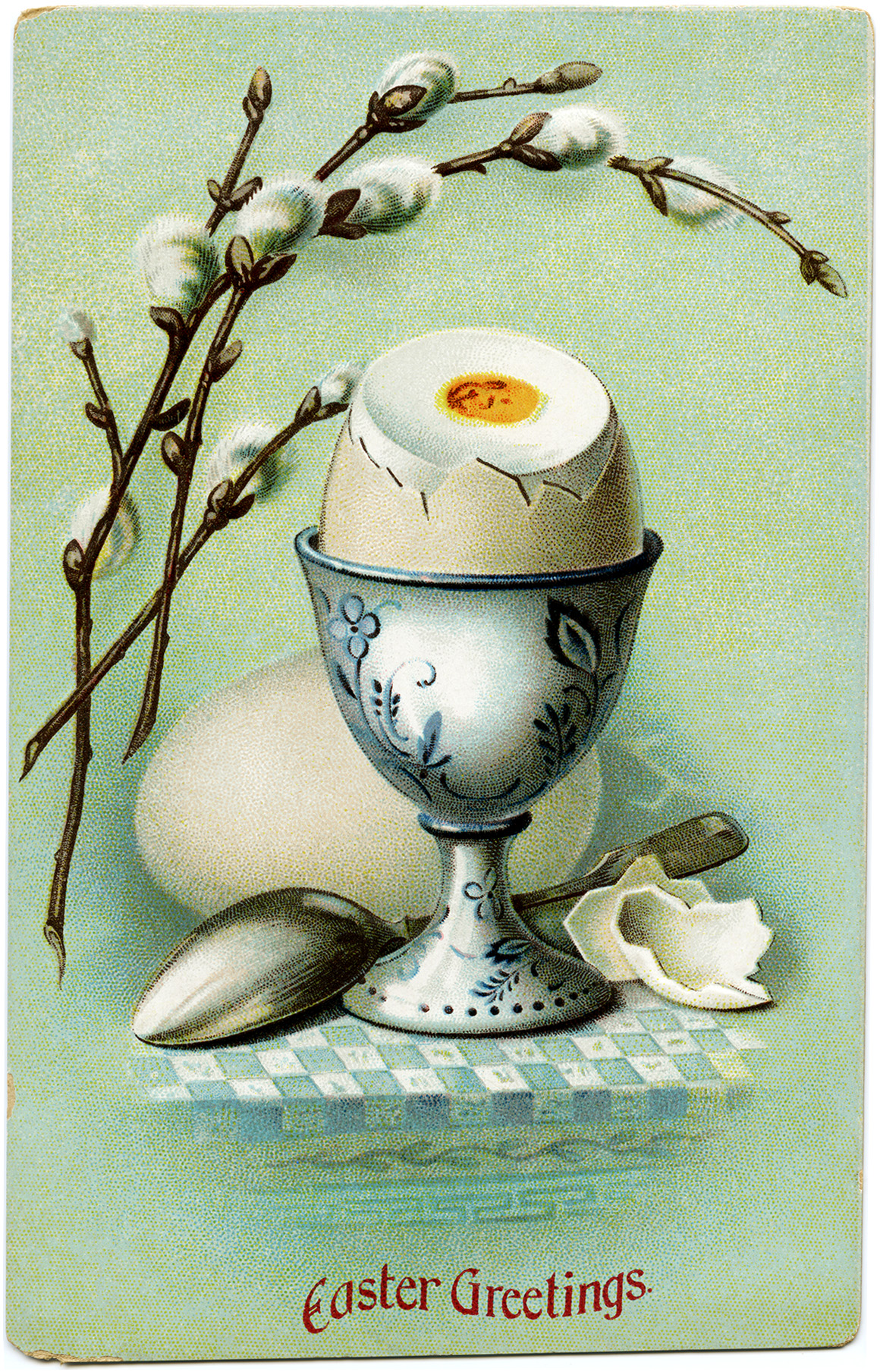 vintage easter postcard, egg in cup, cracked egg pussy willows image, printable easter, old easter card, vintage food clip art