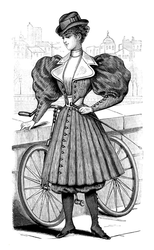 vintage French fashion, Victorian bicycle outfit, antique ladies clothing, black and white clip art, Victorian lady clipart