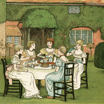 kate greenaway, the tea party, vintage storybook image, Victorian girls tea party, vintage garden party, Marigold Garden