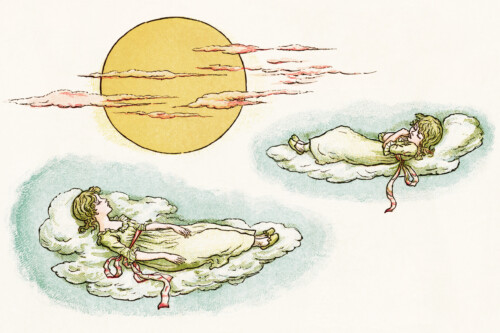 kate greenaway, to the sun door, vintage storybook image, marigold garden, girls sleeping on clouds, victorian girls printable