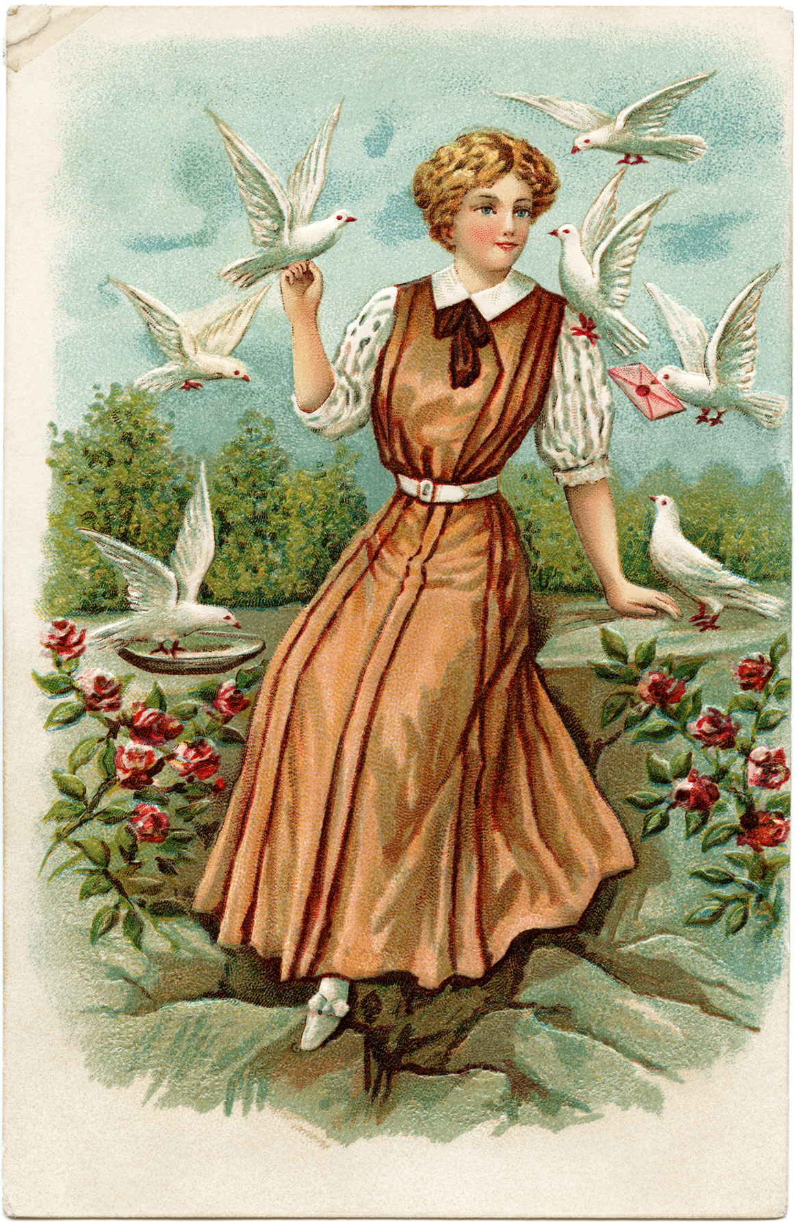 Free vintage clip art lady with white doves in garden postcard image.