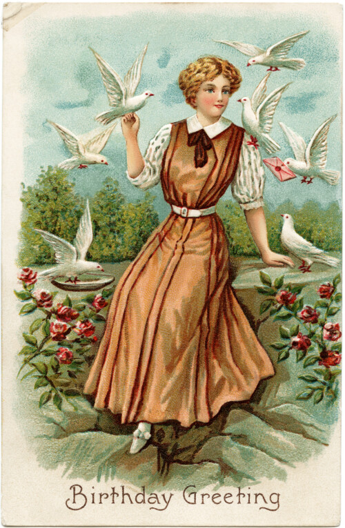 vintage birthday postcard, old fashioned birthday greeting, lady birds image, doves woman clipart, lady in rose garden