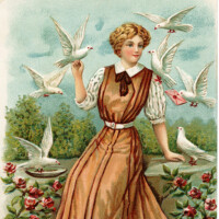 Free vintage clip art lady with white doves in garden birthday postcard image