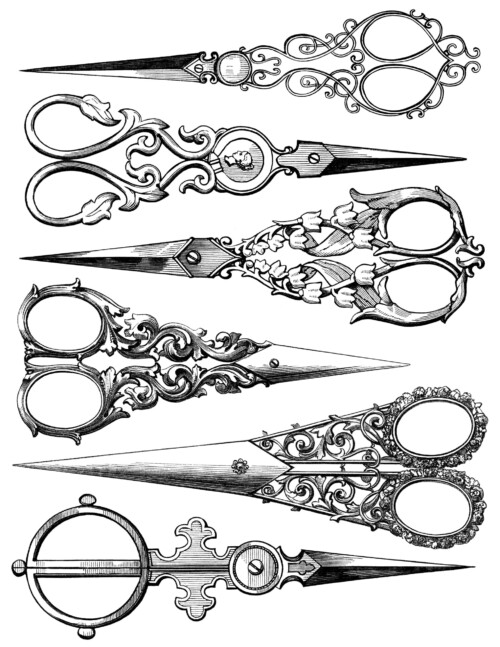 vintage sewing clipart, black and white clip art, old fashioned antique scissors, sewing printable, free digital collage sheet