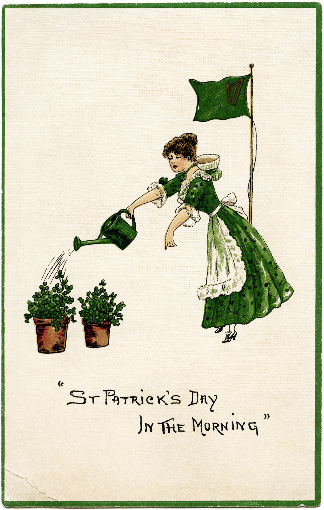 st patricks day, vintage postcard, woman watering plants clipart, digital download, printable holiday graphic