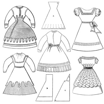 Victorian girls dress, old fashioned clothes, vintage clothing clipart, black and white clip art