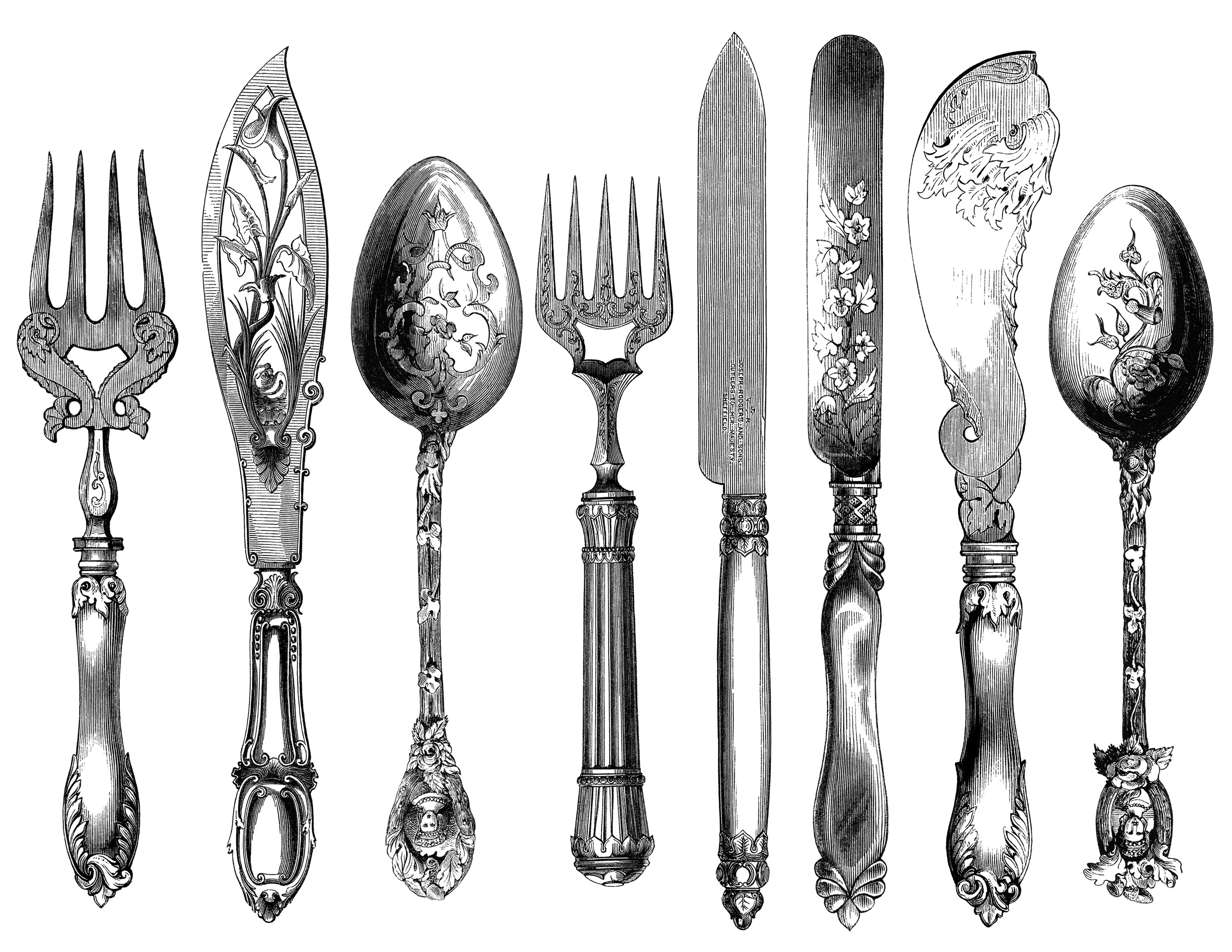 vintage cutlery clipart, cutlery engraving, fork knife spoon graphic, black and white clip art, kitchen printable