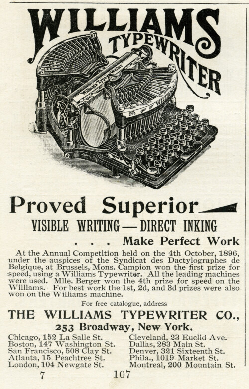 vintage typewriter clipart, black and white clip art, antique typewriter, williams typewriter advertisement, old magazine ad